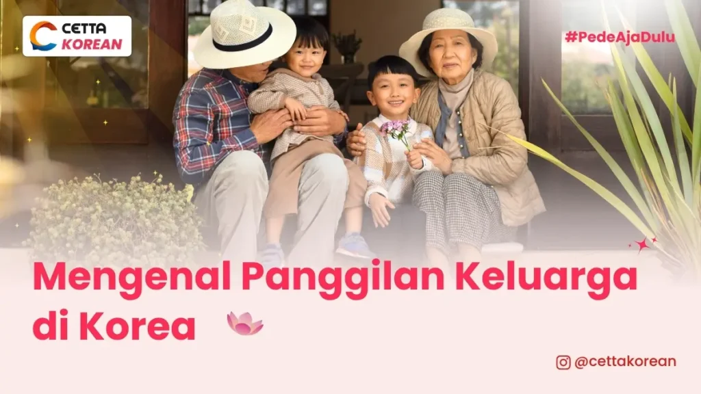 kakek dan nenek duduk berfoto bersama dua cucu laki-lakinya di teras rumah