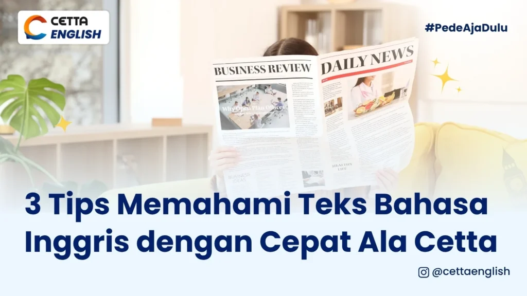 Seorang wanita membaca koran berbahasa inggris karena memahami cara membaca teks bahasa inggris dengan cepat