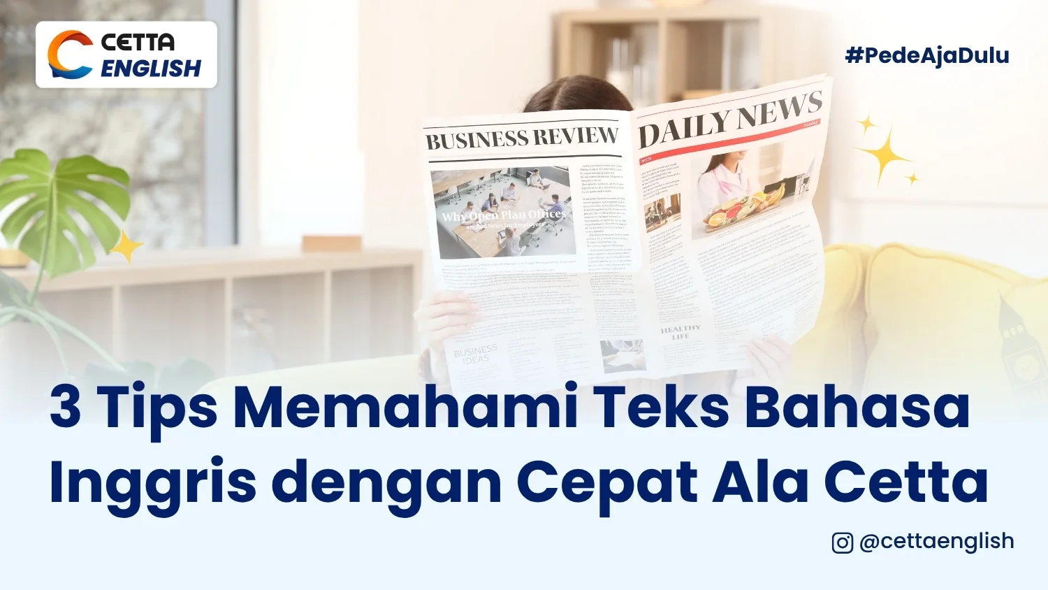 Seorang wanita membaca koran berbahasa inggris karena memahami cara membaca teks bahasa inggris dengan cepat