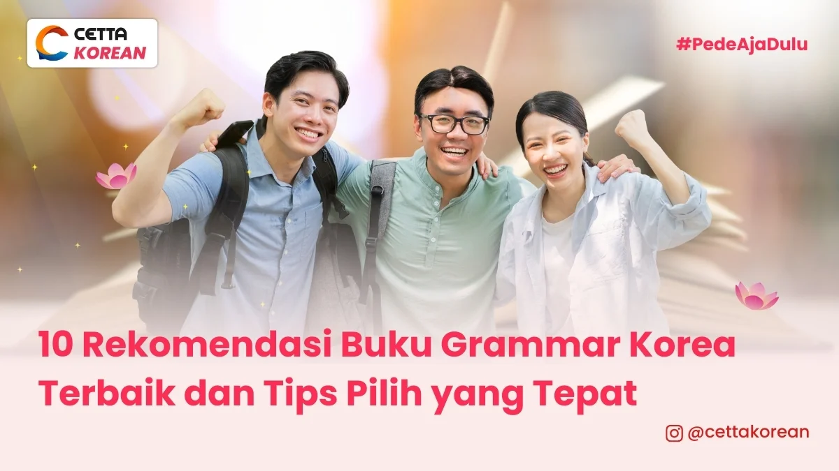 dua orang pria dan wanita saling merangkul menunjukkan ekspresi bahagia karena menemukan buku gramar bahasa korea yang tepat