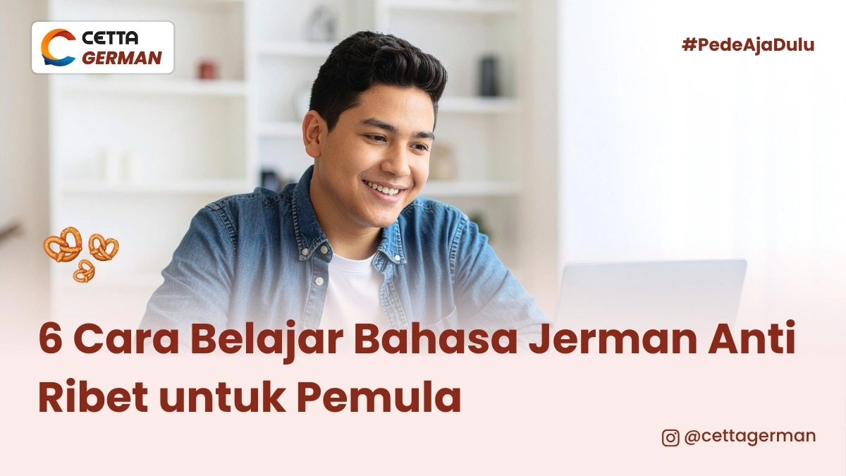 Seorang pria sedang belajar bahasa Jerman di website untuk pemula
