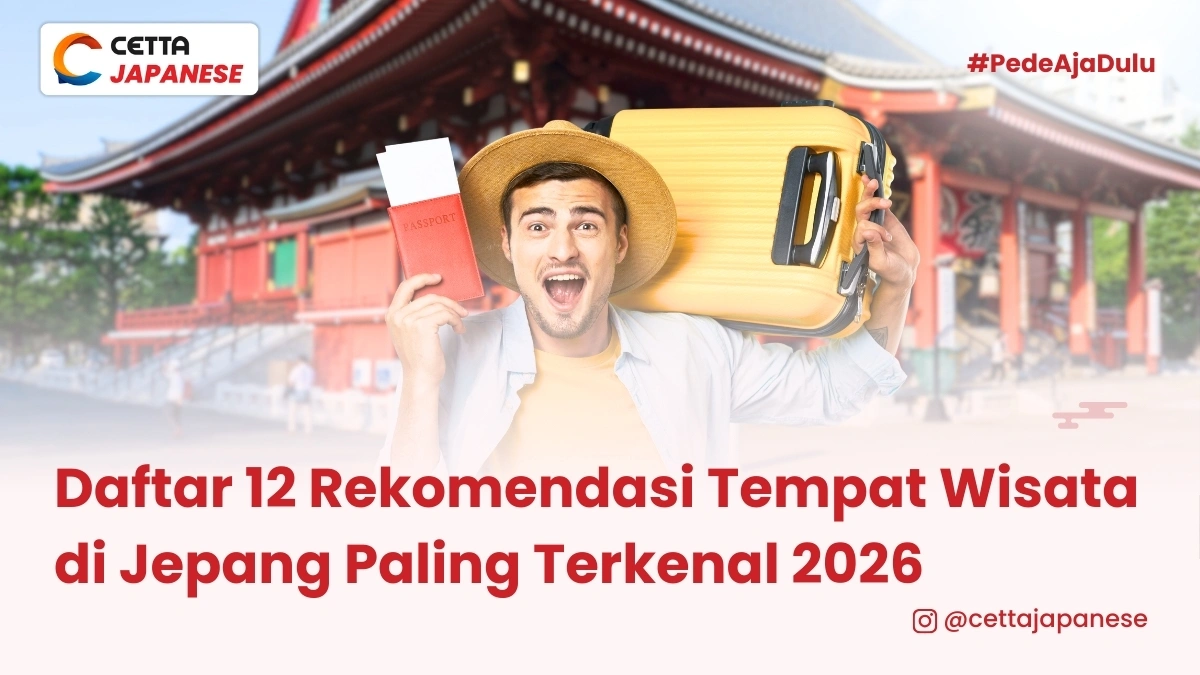 seorang pria dengan ekspresi tersenyum lebar membawa paspor dan koper berwarna kuning