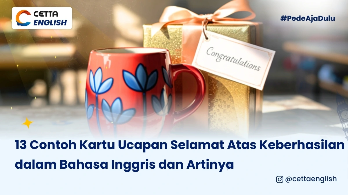 kotak hadiah bertulisan kartu ucapan congratulations untuk mengucapkan selamat atas keberhasilan seseorang dalam bahasa Inggris