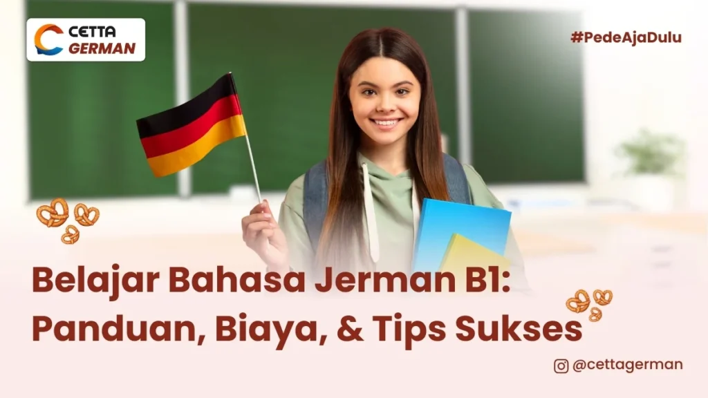 seorang wanita memegang bendera german ditangan kiri dan buku ditangan kanan