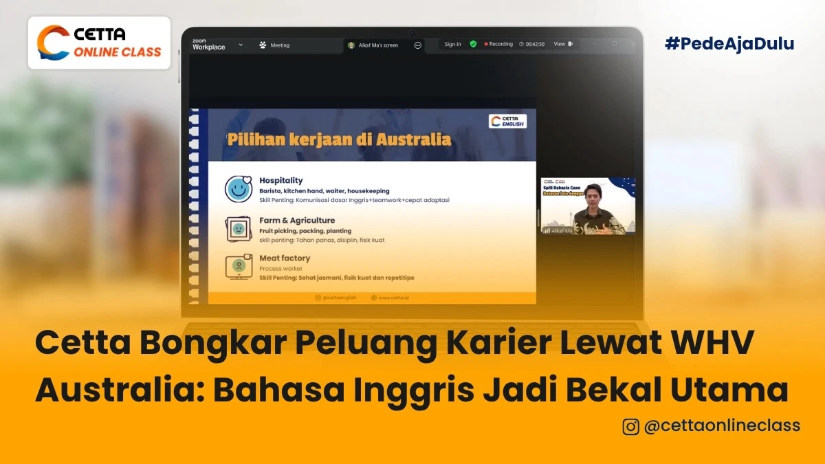 Layar laptop menampilkan slide presentasi materi pilihan pekerjaan di Australia untuk WHV Holdern