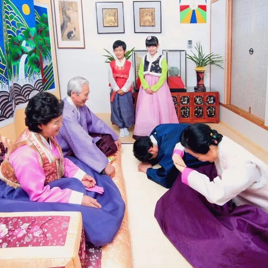 bapak, ibu, kakek, nenek, dan dua orang anak kecil sedang memberi hormat ke orang tua