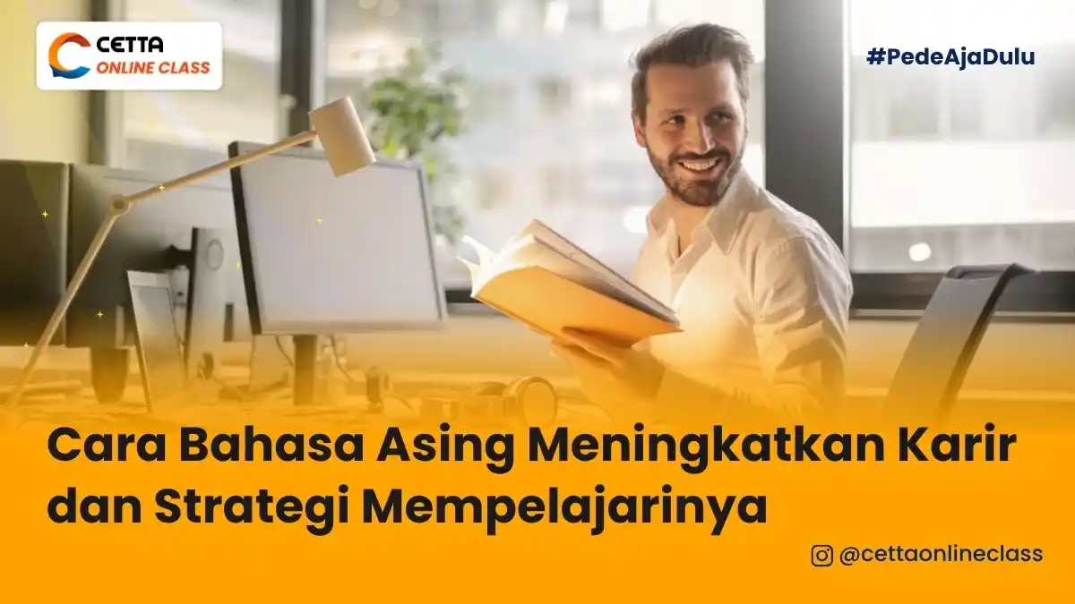 ilustrasi seorang pria yang belajar bahasa asing untuk meningkatkan kariernya