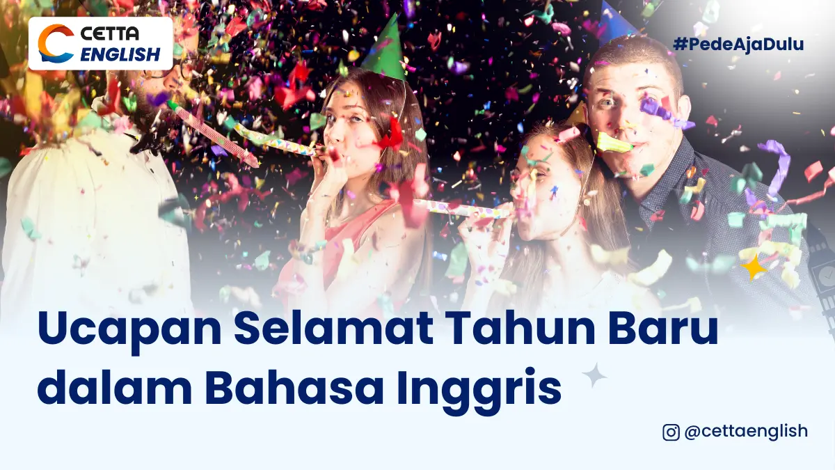 sekumpulan anak muda yang sedang merayakan tahun baru dengan konveti yang berterbangan dan terompet, di belakangnya ada banyak kembang api yang sedang meledak di udara