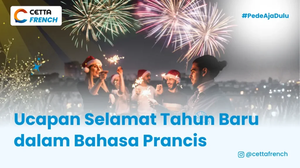 sekumpulan orang sedang bersuka cita beberapa mengenakan topi santa dan bermain kembang api