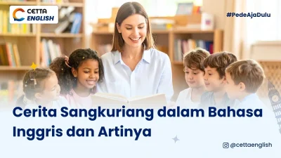 Seorang perempuan sedang menceritakan kisah cerita sangkuriang versi bahasa inggris ke anak-anak