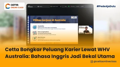 Layar laptop menampilkan slide presentasi materi pilihan pekerjaan di Australia untuk WHV Holdern